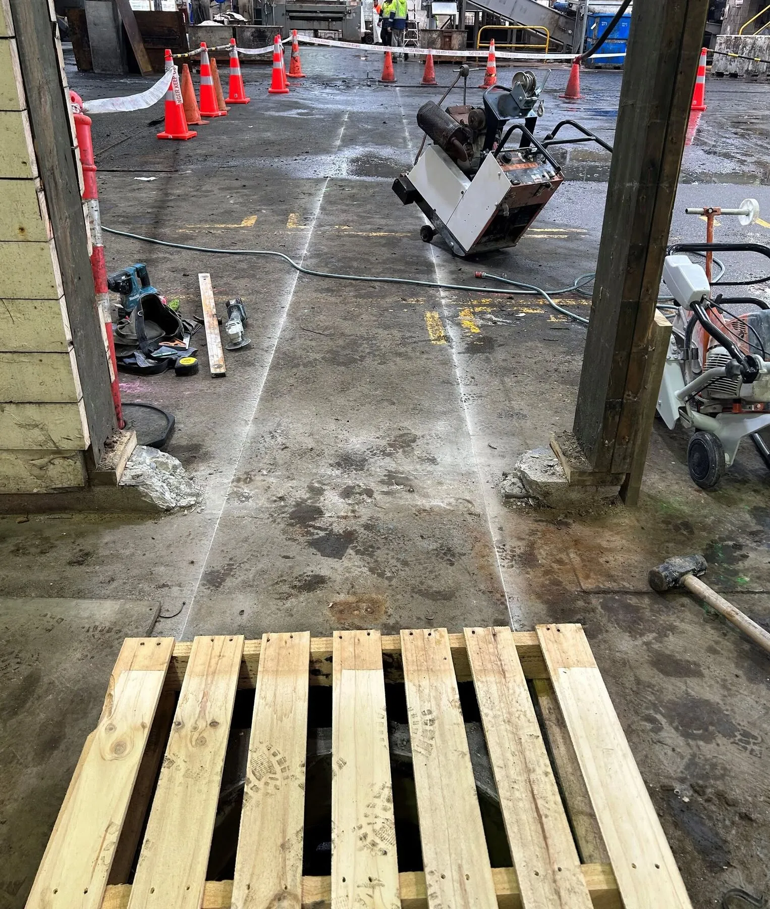 Floor saw following set out lines across a factory floor in Timaru, cones and barrier tape around the work